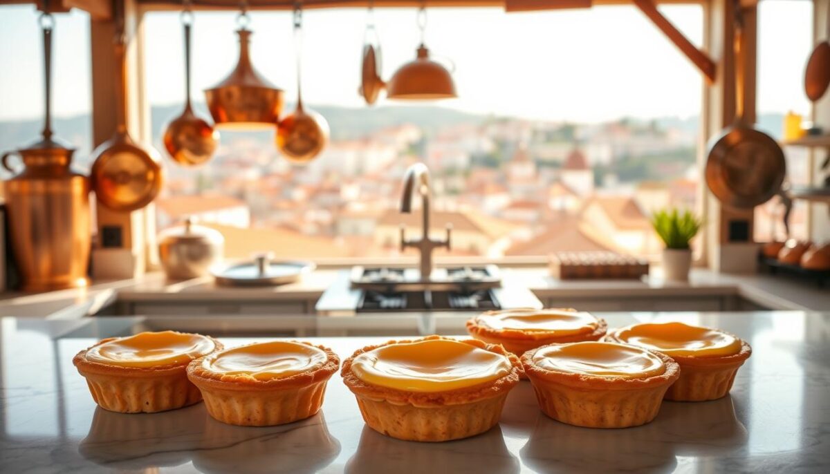A pristine display of golden-brown custard tarts, the iconic Pastéis de Nata, set against a warm, sun-drenched backdrop. In the foreground, the tarts sit atop a marble counter, their flaky pastry shells glistening, revealing the smooth, creamy custard within. The middle ground features a vintage-inspired kitchen, with gleaming copper pots and pans hanging from rustic wooden beams, evoking the rich history and tradition of Portuguese cuisine. In the background, a panoramic view of Lisbon's iconic cityscape, with its terracotta roofs and rolling hills, sets the scene for this timeless culinary delight. The lighting is soft and natural, casting a gentle glow over the entire composition, conveying a sense of warmth and tranquility. This image captures the essence of the historical and cultural significance of custard tarts, inviting the viewer to explore the depths of Portuguese gastronomy.