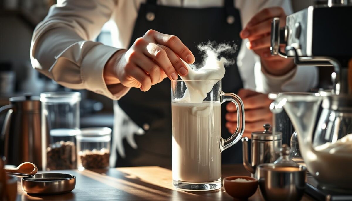 A professional barista carefully troubleshooting a glass pitcher of freshly frothed milk, inspecting the perfect, airy consistency. Soft, natural lighting from a cafe window illuminates the process, casting warm shadows across the counter. The barista's hands deftly stir and manipulate the milk, observing the ideal microfoam texture - neither too thin nor too thick. Surrounding the scene, a selection of coffee-making tools and ingredients hint at the expertise required to achieve the ideal foam for cappuccinos and lattes.