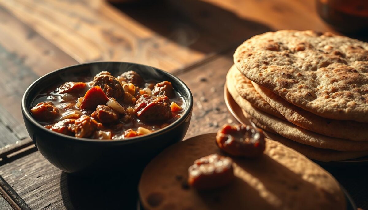 A richly textured vignette of a traditional Ethiopian meal: in the foreground, a steaming bowl of spicy red wot stew, simmered with aromatic berbere spice, onions, and tender chunks of meat. Next to it, a stack of freshly baked injera flatbread, its spongy surface glistening. The background reveals a rustic wooden table, bathed in warm, directional lighting that casts dramatic shadows, evoking the cozy, convivial atmosphere of an Ethiopian kitchen. The overall composition conveys the comforting, hearty essence of this quintessential East African dish.