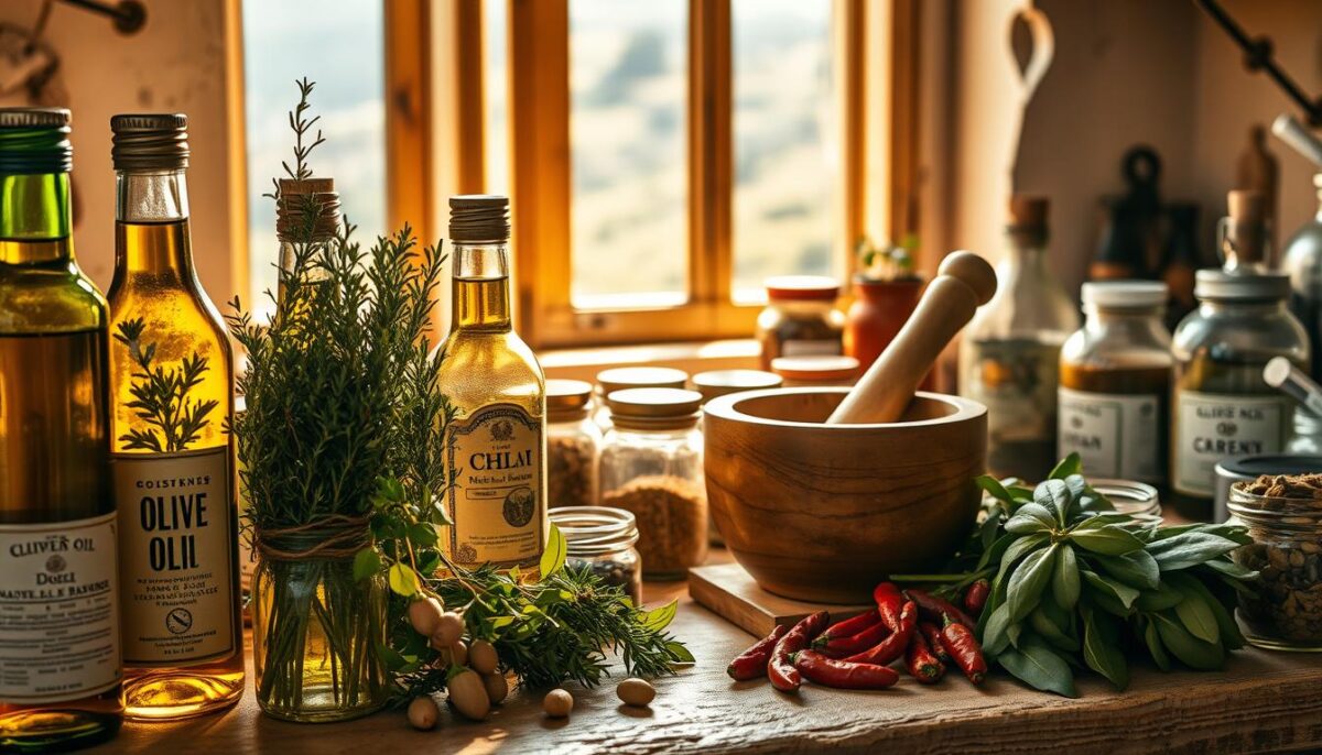 A rustic Greek pantry scene, bathed in warm, golden light. In the foreground, a collection of olive oil bottles, their labels worn and weathered, stand alongside bunches of fragrant herbs - oregano, thyme, rosemary, and bay leaves. In the middle ground, a wooden mortar and pestle sit atop a rough-hewn kitchen counter, surrounded by jars of aromatic spices and dried chiles. In the background, a glimpse of a window overlooking a lush, Mediterranean landscape, hinting at the culinary traditions and rich history that infuse this essential Greek kitchen setup. Captured with a shallow depth of field, creating a sense of cozy, inviting intimacy.