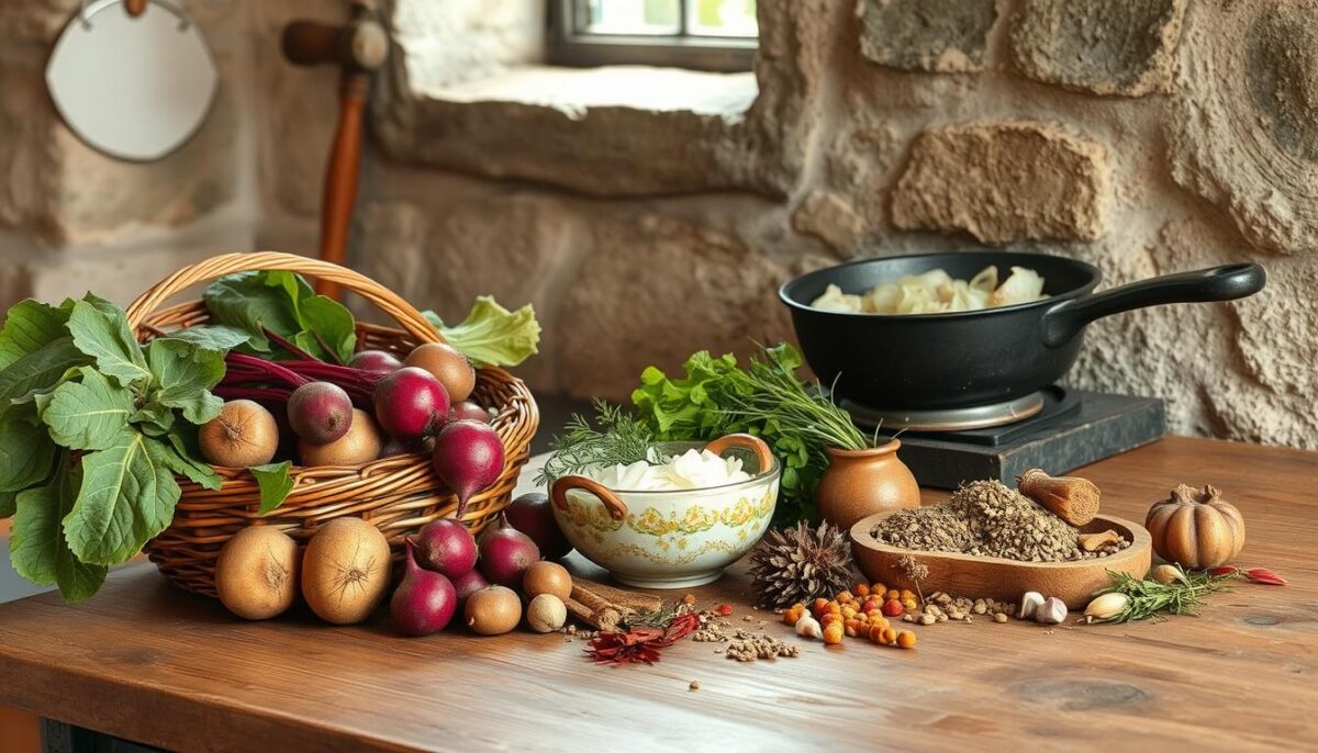 A rustic wooden kitchen counter, its surface covered with a variety of traditional Polish ingredients. In the foreground, a wicker basket overflows with fresh produce - earthy potatoes, vibrant beets, and crisp cabbage leaves. Beside it, an antique ceramic bowl holds a fragrant assortment of dried herbs and spices, their colors and textures creating a captivating still life. In the middle ground, a vintage cast-iron pan sizzles with the aroma of sautéed onions and garlic, setting the stage for an authentic Polish culinary experience. The background features a weathered stone wall, its rough texture and muted tones providing a timeless, homespun atmosphere. Soft, natural lighting filters through a nearby window, casting a warm, inviting glow over the scene.