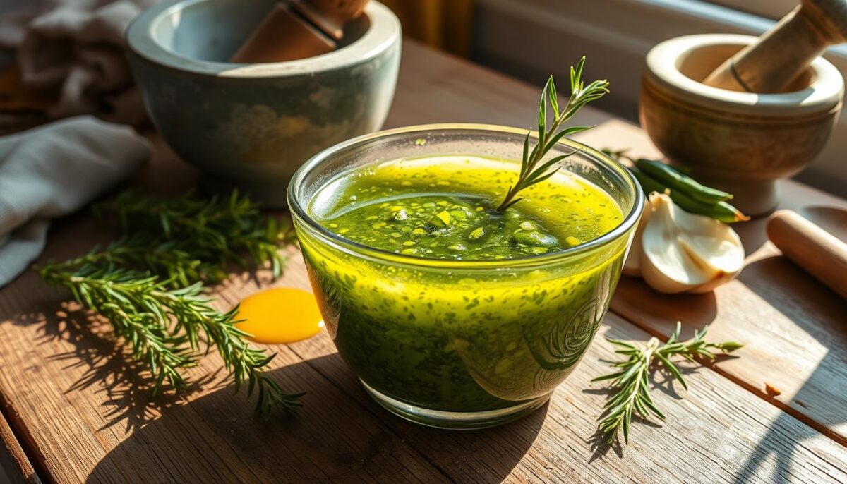 A rustic wooden table in a sun-dappled Greek kitchen, a large glass bowl filled with a vibrant green marinade sauce. The mixture glistens, infused with the fragrance of fresh oregano, lemon zest, and garlic. Sprigs of rosemary and thyme add pops of verdant color, while a drizzle of golden olive oil reflects the warm, golden lighting. Textured linen napkins and a weathered pestle and mortar hint at the time-honored traditions of Greek cooking. The overall scene evokes a sense of simple, wholesome preparation, ready to be absorbed into succulent meats or crisp vegetables.