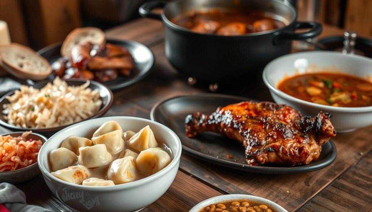 A rustic wooden table set with a hearty spread of traditional Polish main dishes. In the foreground, a steaming bowl of creamy pierogi filled with savory potato and cheese, accompanied by a side of tangy sauerkraut. In the middle ground, a platter of tender, slow-roasted pork knuckle, its crispy skin glistening under warm, golden lighting. In the background, a fragrant beef goulash bubbles in a heavy cast-iron pot, its rich, paprika-infused broth begging to be sopped up with thick slices of crusty rye bread. The scene exudes a cozy, inviting atmosphere, capturing the essence of Polish comfort food.