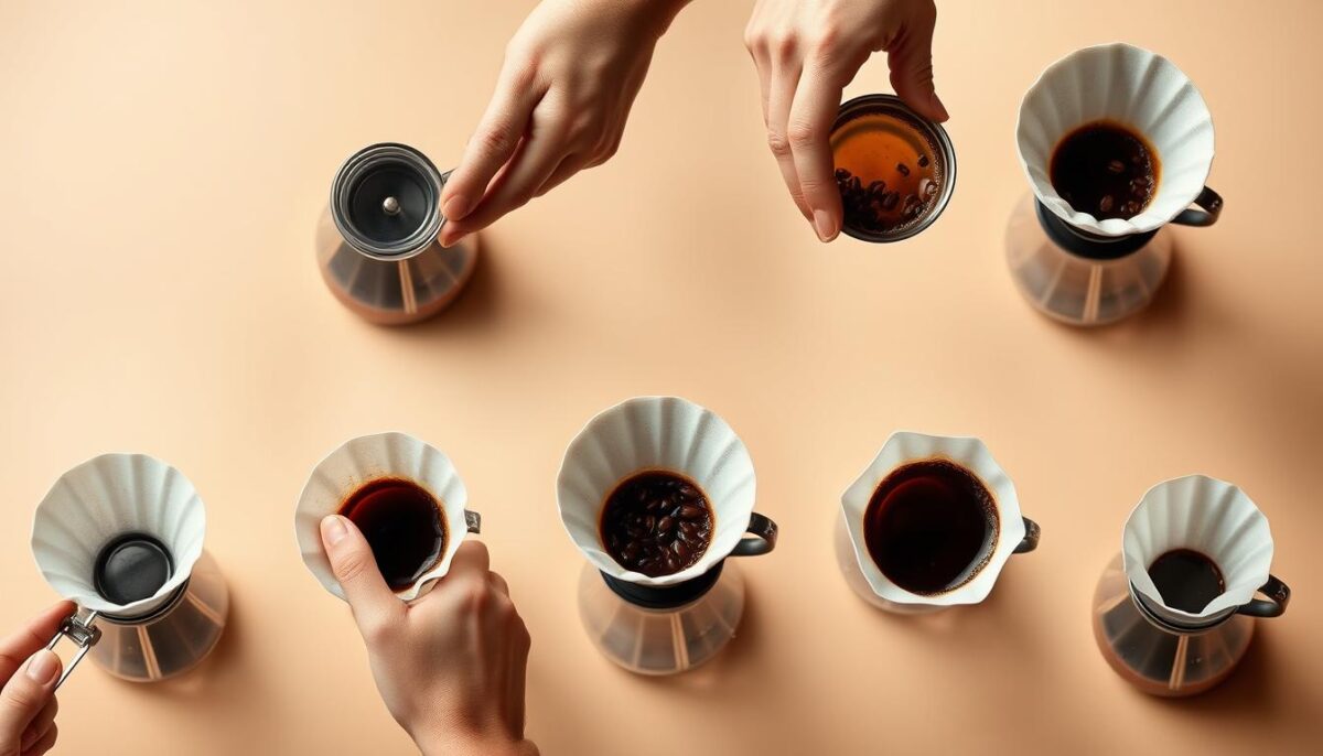 A series of high-quality, detailed images showcasing the essential steps of pour-over coffee brewing. Crisp, evenly-lit close-up shots from an overhead angle, capturing the intricate movements and techniques involved. A clean, minimalist background allows the coffee equipment and process to be the focal point. Warm, earthy tones evoke the rich, aromatic experience of handcrafted pour-over coffee. Carefully staged to highlight the precision and care required for a consistently excellent cup, with a sense of calm focus and craftsmanship. Viewers can easily visualize and follow along with the step-by-step brewing method.