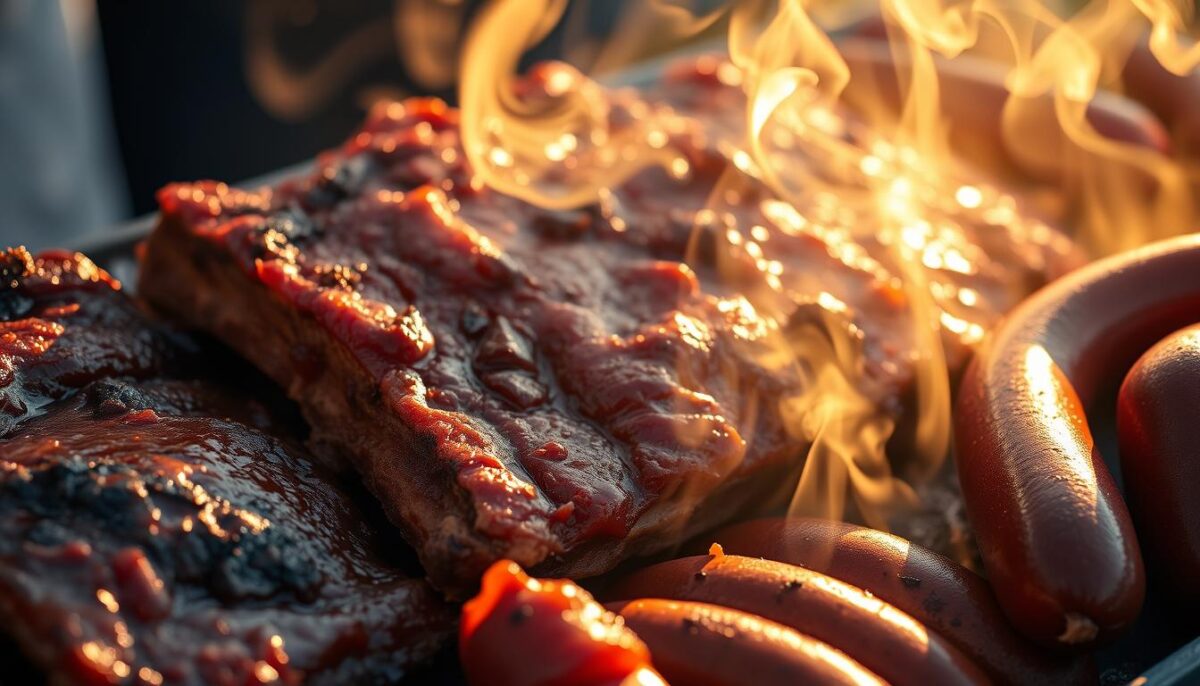 A sizzling display of Argentinian asado fare: juicy grilled pork ribs, their crisp exterior glistening with caramelized BBQ sauce, nestled alongside plump, glistening blood sausages. The scene is bathed in warm, golden light, as if captured by a vintage camera lens, evoking the nostalgic atmosphere of an outdoor asado gathering. Wisps of fragrant smoke curl through the air, hinting at the rich, smoky flavors that have been coaxed from the primal act of fire and flesh. The image exudes the textural depth and primal allure of this quintessential Argentinian culinary tradition.