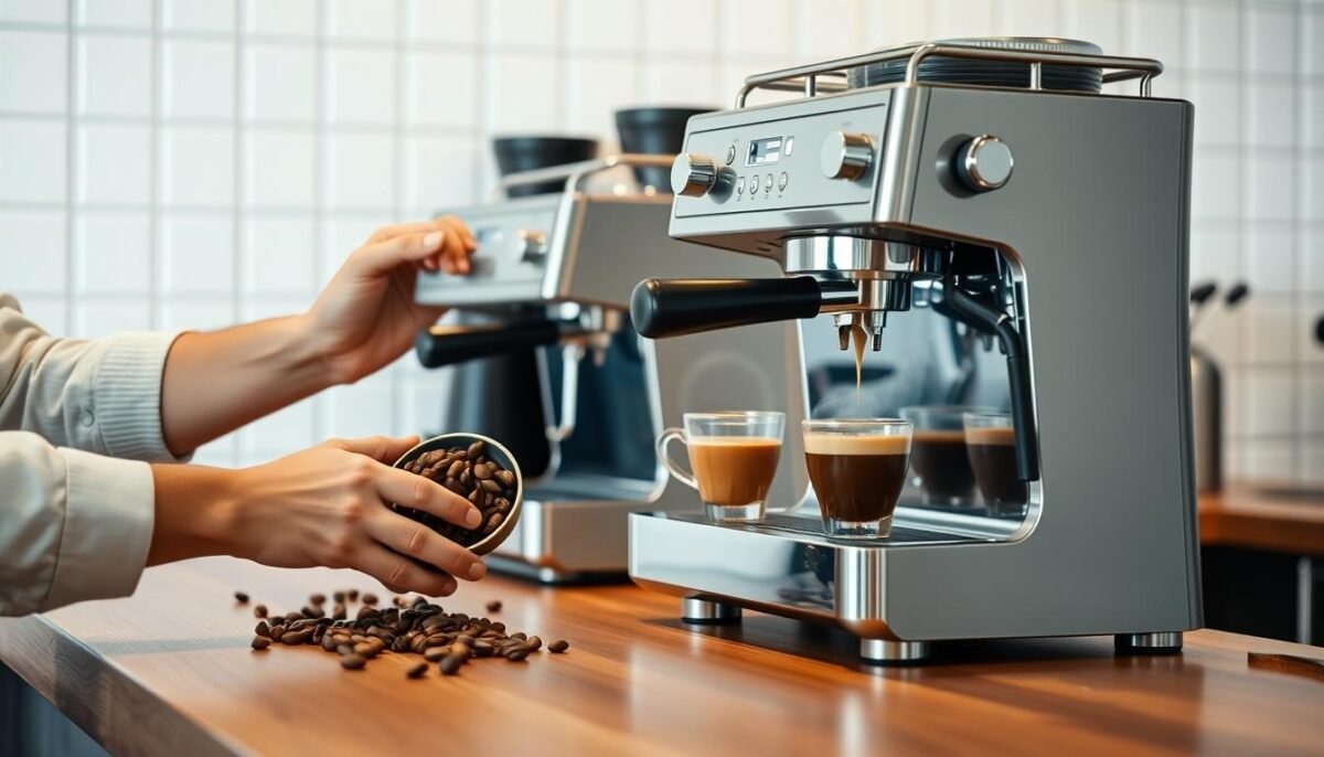 A sleek, modern café counter with a polished wood surface, showcasing the intricate steps of professional coffee brewing. In the foreground, a skilled barista's hands meticulously measure whole coffee beans and grind them with a burr grinder, the fine aroma filling the air. In the middle ground, a gleaming espresso machine with polished chrome accents stands ready, steam gently swirling as the barista tamps the ground coffee and pulls a perfect shot, the crema's rich brown hue glistening. In the background, a minimalist white tile wall provides a clean, crisp backdrop, emphasizing the precision and craftsmanship of the brewing process. Soft, warm lighting casts a cozy, inviting atmosphere, beckoning the viewer to experience the art of professional-quality coffee making.