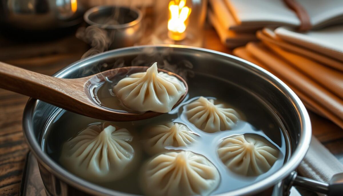 A stainless steel pot filled with simmering water, steam rising in delicate wisps. Plump dumplings gently bob to the surface, their tender skins glistening. A wooden spoon gently prods them, coaxing them to release their savory filling. Overhead, a warm incandescent light casts a cozy glow, highlighting the rustic textures of the kitchen counter and a stack of neatly folded linen napkins. The scene is intimate, inviting the viewer to imagine the satisfying sensations of biting into a perfectly cooked dumpling, its hot broth spilling onto the tongue.