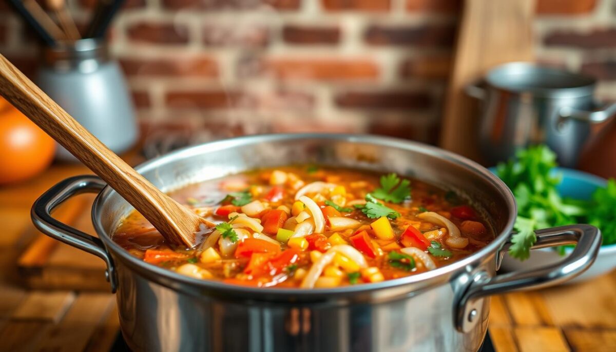A steaming bowl of homemade sofrito sauce, its vibrant hues of green, red, and orange radiating warmth and depth. In the foreground, a wooden spoon gently stirs the aromatic blend of sautéed onions, garlic, bell peppers, and fresh cilantro. The middle ground features a gleaming stainless-steel saucepan, its surface reflecting the soft lighting overhead, casting a gentle glow over the simmering sauce. In the background, a rustic wooden table sets the stage, complemented by the rich, earthy tones of the kitchen's exposed brick walls. The mood is one of culinary authenticity and the essence of traditional Cuban cuisine.