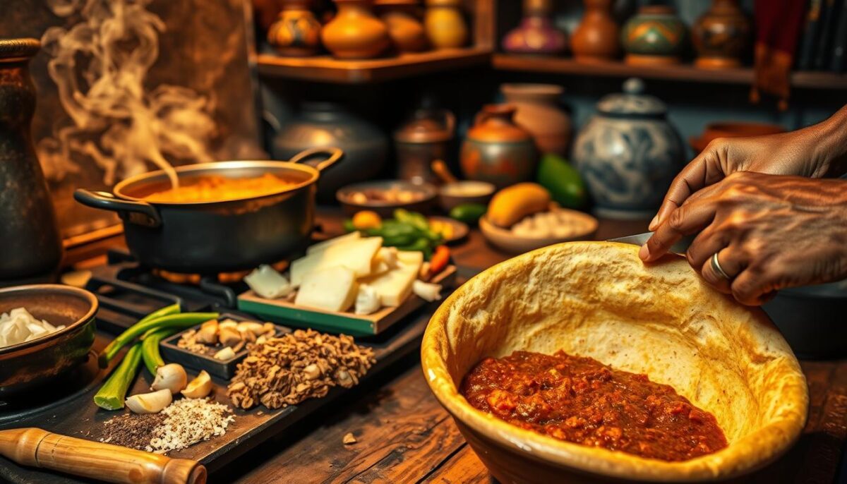 A steaming pot of spicy Ethiopian wot stew simmers on a rustic stove, surrounded by an array of aromatic spices and fresh ingredients. In the foreground, a pair of calloused hands expertly chop onions, garlic, and berbere spice blend, the warm kitchen lighting casting a golden glow. In the middle ground, a bowl of freshly baked injera bread waits to soak up the rich, complex flavors of the stew. The background features a traditional Ethiopian kitchen, with vibrant textiles, handcrafted pottery, and a hints of earthy, smoky hues, conveying a sense of cultural heritage and culinary tradition.