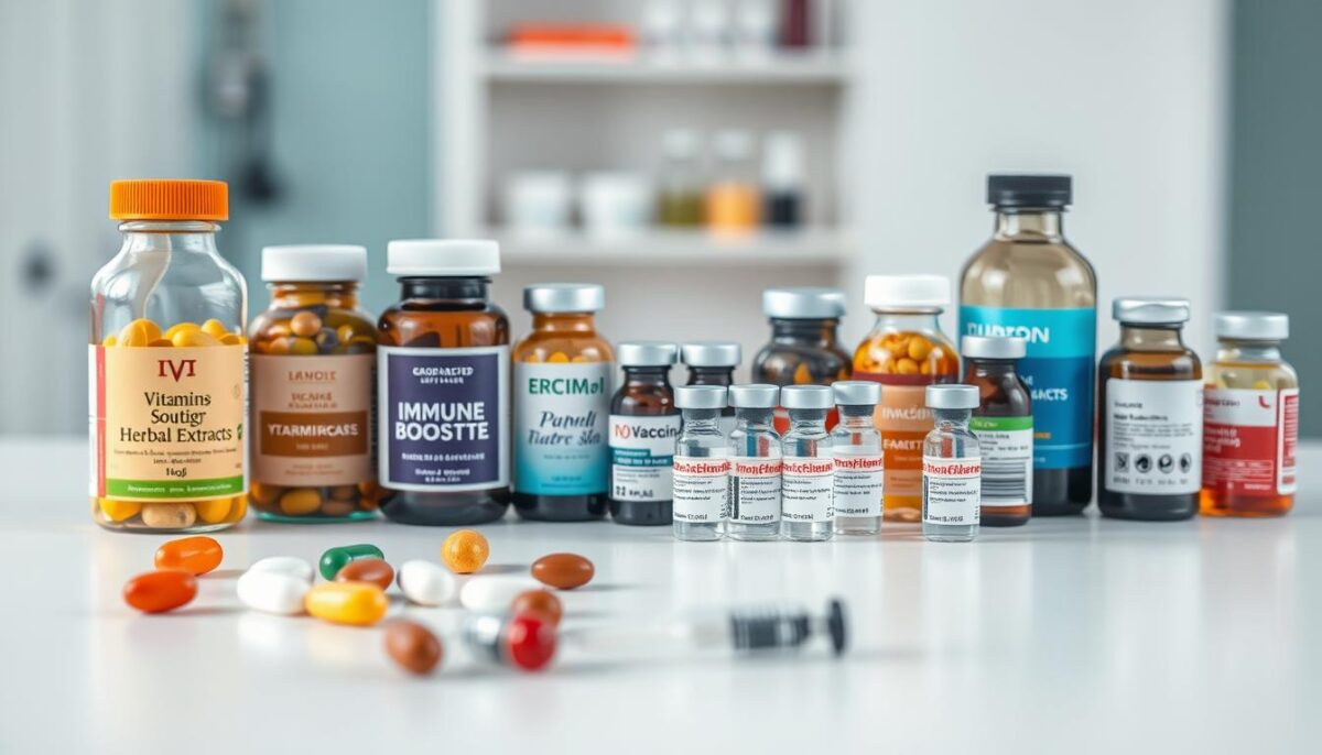 A still life composition of various supplements and vaccines arranged on a clean, clinical white surface. In the foreground, glass bottles and jars containing immune-boosting vitamins, minerals, and herbal extracts, each one labeled with its contents. In the middle ground, vials of different vaccine types, their labels visible. The background features a blurred medical-style setting, with a subtle color gradient conveying a sense of professionalism and health. Soft, directional lighting from the side creates depth and highlights the textures of the products. The overall mood is one of scientific authority and wellness, inviting the viewer to consider the importance of these immune-supporting elements.