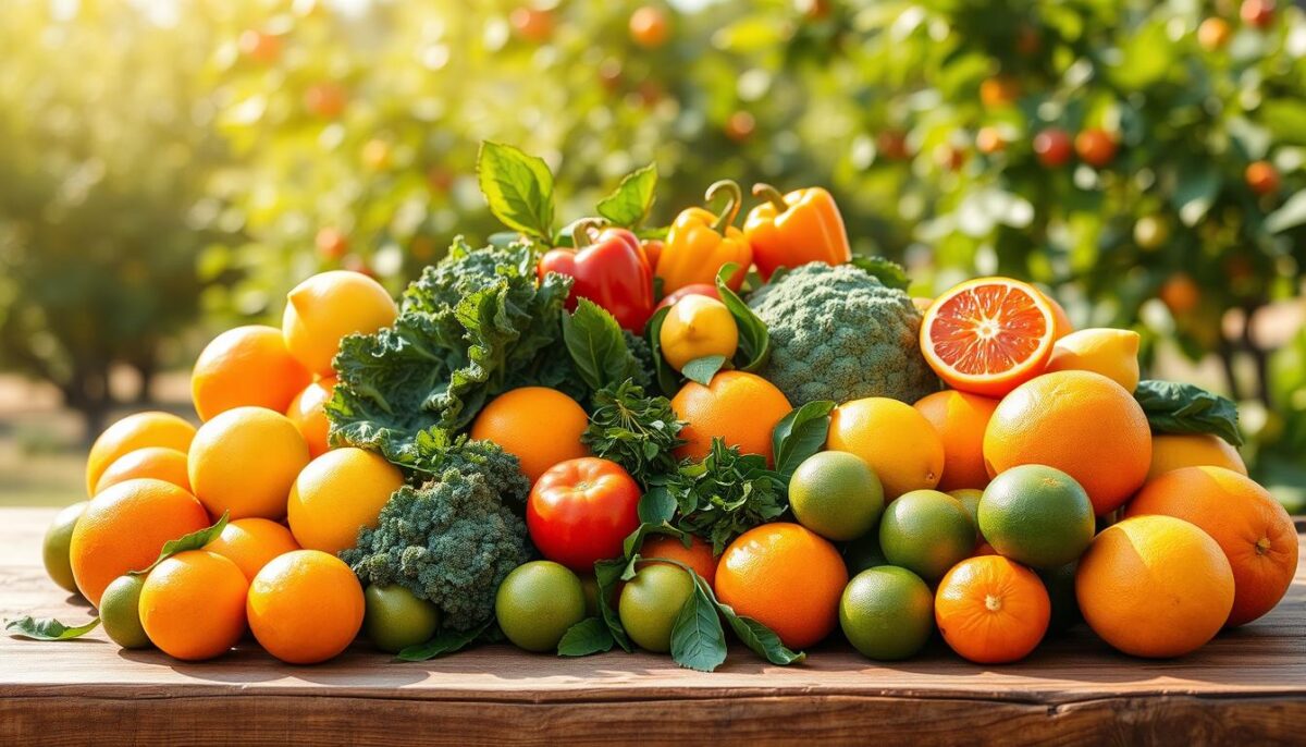 A sun-drenched still life featuring a diverse array of citrus fruits and vegetables on a rustic wooden table. In the foreground, vibrant oranges, lemons, limes, and grapefruits are arranged in a visually appealing composition, their glossy skins catching the warm light. In the middle ground, leafy greens like kale, spinach, and broccoli add pops of verdant color, while bell peppers in red, yellow, and orange hues provide additional contrast. The background features a softly blurred natural setting, hinting at an outdoor garden or orchard. The overall mood is one of abundance, health, and natural vitality, inspiring a sense of nourishment and immunity-boosting properties.