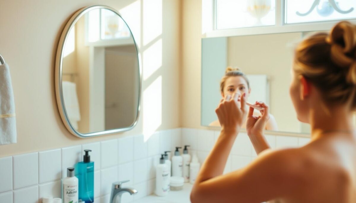 A sunny, well-lit bathroom interior, with a vanity countertop, a mirror, and various personal care items neatly arranged. In the foreground, a person is depicted performing their daily hygiene routine, such as brushing their teeth, washing their face, or applying skincare products. The scene conveys a sense of order, cleanliness, and healthy habits. The lighting is warm and natural, creating a calming and inviting atmosphere. The composition is balanced, with the person's activities taking center stage, and the background elements complementing the overall theme of personal care and wellness.