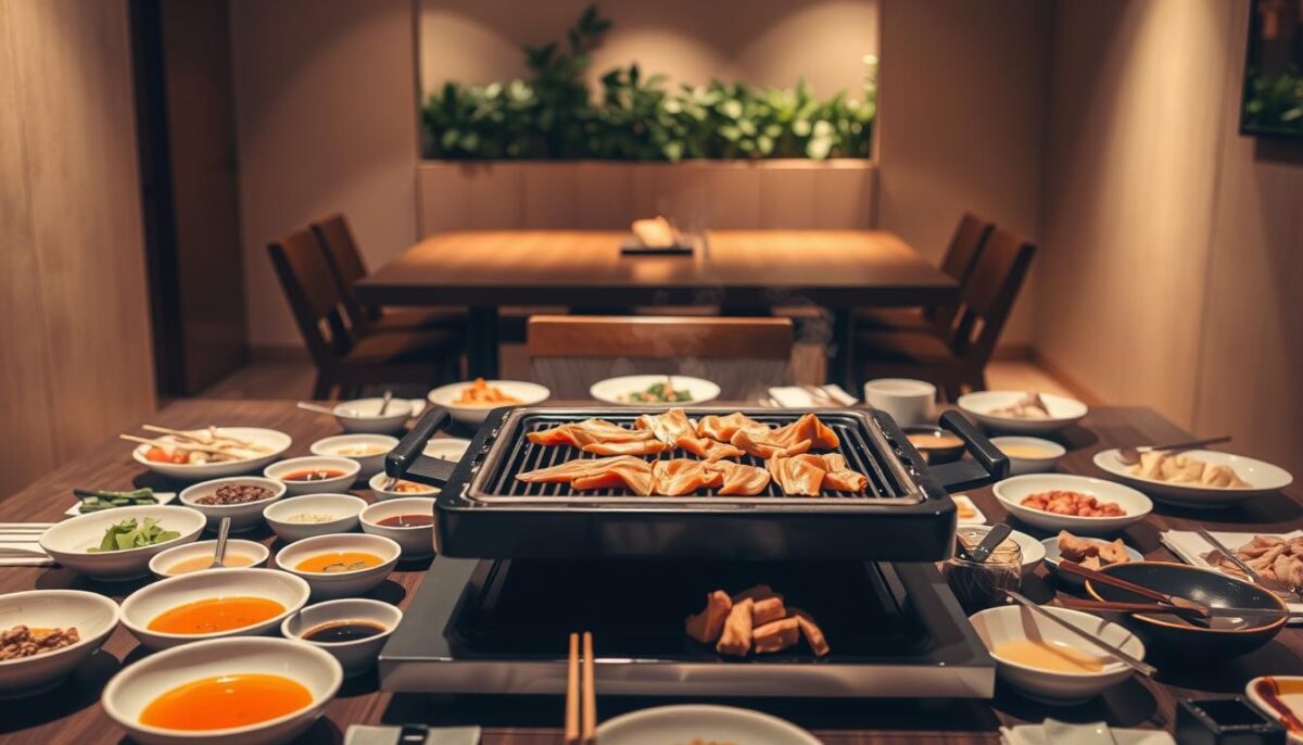 A table set for an interactive Korean BBQ night, bathed in warm, ambient lighting. In the foreground, a sleek black grill sits atop the table, surrounded by an array of dipping sauces, banchan, and various thinly sliced meats. The middle ground features neatly arranged chopsticks, small bowls, and other dining accessories, inviting guests to engage in the communal cooking experience. In the background, a minimalist, contemporary setting with neutral-toned walls and a glimpse of lush greenery, creating a cozy, authentic atmosphere for an immersive Korean BBQ feast.