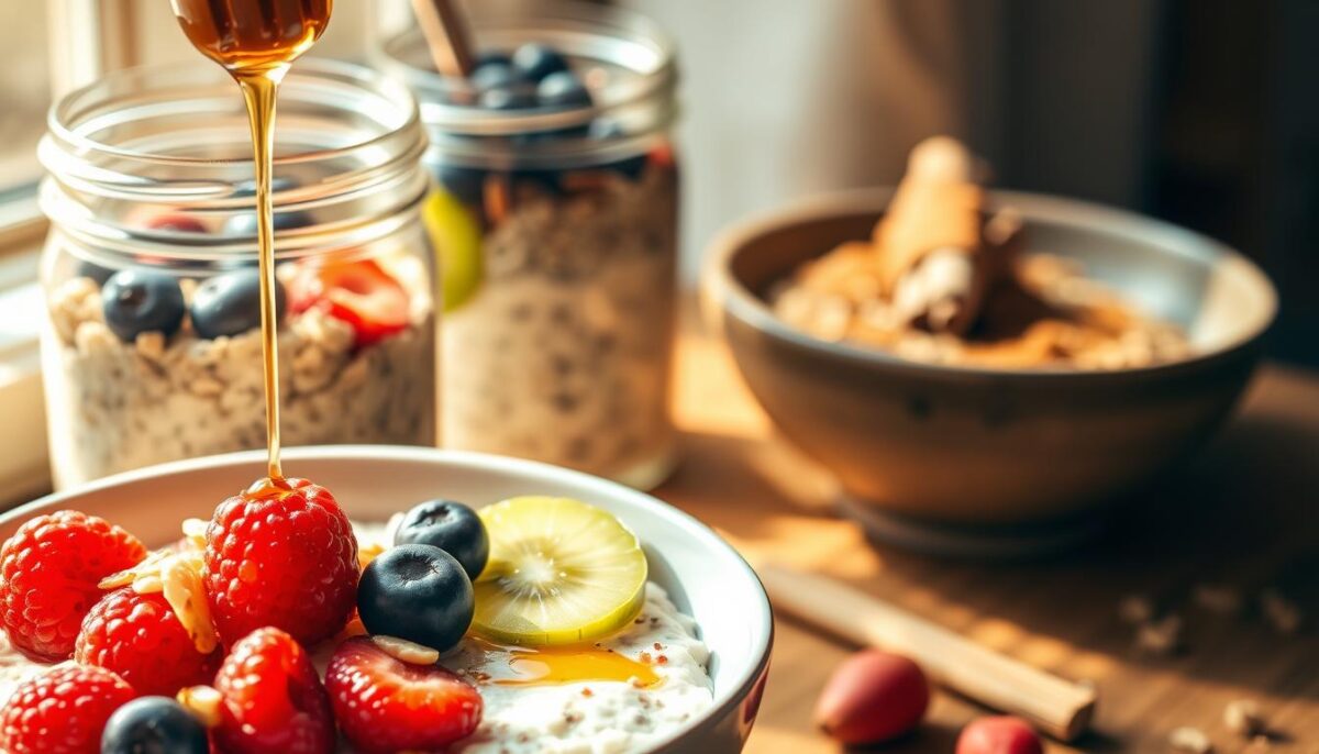 A tempting array of overnight oats variations, captured in warm, natural lighting. In the foreground, a bowl of creamy oats topped with vibrant berries, nuts, and a drizzle of honey. The middle ground showcases a glass jar filled with layered oats, chia seeds, and sliced kiwi, while in the background, a bowl of hearty porridge is garnished with cinnamon and a sprinkle of ground flax. The scene exudes a cozy, nourishing atmosphere, inviting the viewer to savor a delicious, immune-boosting breakfast.