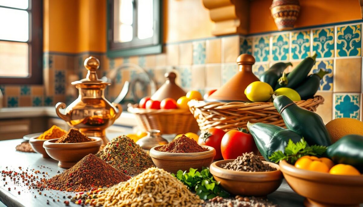 A vibrant Middle Eastern kitchen filled with essential ingredients and tools. In the foreground, an array of colorful spices and herbs - cumin, coriander, sumac, za'atar - spilling from earthenware bowls. In the middle ground, a gleaming copper cezve for brewing fragrant Arabic coffee, alongside a traditional ceramic tagine dish. The background showcases a hand-woven basket brimming with fresh produce - tomatoes, eggplants, lemons - against a backdrop of intricately tiled walls in warm ochre and azure hues. Soft, natural lighting filters through a large window, casting a golden glow over the scene. The overall mood is one of warmth, authenticity, and the rich culinary heritage of the Levant.