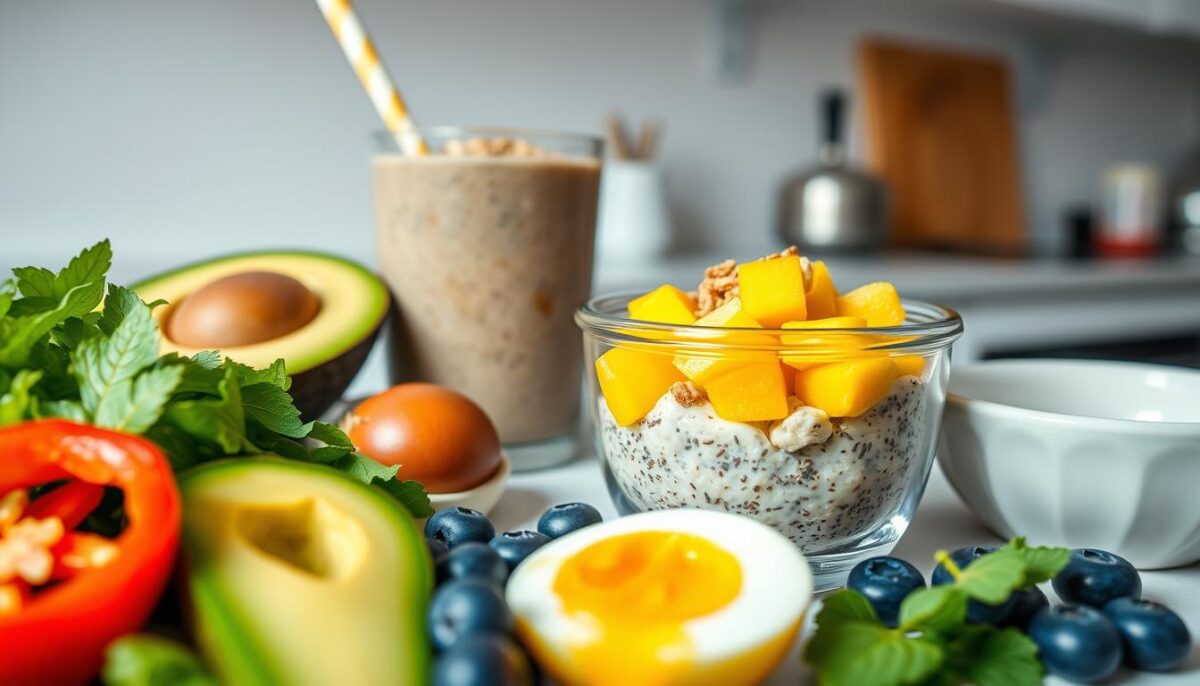 A vibrant and fresh breakfast spread, capturing the essence of a quick, on-the-go meal prep. In the foreground, a variety of healthy ingredients are neatly arranged: sliced avocado, crisp bell pepper strips, a hard-boiled egg, and a handful of blueberries. In the middle ground, a smoothie bowl, topped with chia seeds and a sprinkle of granola, sits alongside a small bowl of overnight oats, garnished with diced mango and a drizzle of honey. The background features a simple, minimalist kitchen counter, bathed in soft, natural lighting that accentuates the vibrant colors and textures of the meal. The overall composition conveys a sense of balance, efficiency, and a commitment to a nourishing, immune-boosting start to the day.