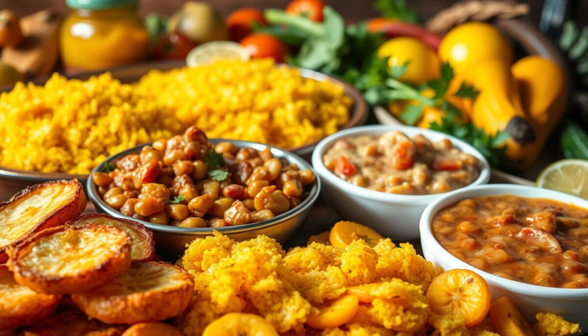 A vibrant, appetizing display of classic Cuban side dishes, captured in a warm, natural light. In the foreground, crisp, golden tostones (twice-fried plantains) alongside creamy, garlic-infused moros y cristianos (rice and beans). In the middle ground, rich, saffron-tinged yellow rice and tender, caramelized maduros (sweet plantains). The background features an assortment of pickled vegetables, fresh citrus, and fragrant tropical herbs, creating a vibrant, mouthwatering scene. The composition is balanced, with a focus on textures, colors, and the authentic flavors of traditional Cuban cuisine.
