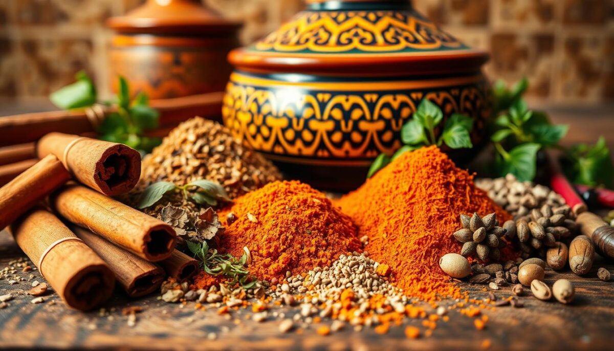 A vibrant arrangement of Moroccan spices and herbs, artfully displayed on a rustic wooden surface. The foreground features an assortment of whole and ground spices, including fragrant cinnamon sticks, vibrant turmeric, aromatic cumin, and earthy coriander. The middle ground showcases a traditional Moroccan ceramic bowl or tagine, its intricate pattern and glazed exterior reflecting the warm, golden lighting. In the background, a subtle hint of woven textiles or traditional Moroccan tiles creates a sense of cultural authenticity. The overall composition exudes the rich, complex flavors and aromas associated with the iconic tagine dishes of Morocco.