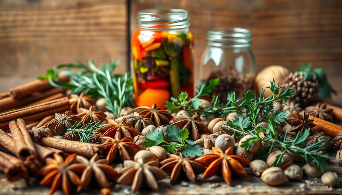 A vibrant array of whole spices and herbs, artfully arranged on a rustic wooden table. In the foreground, cinnamon sticks, star anise, and cardamom pods exude warmth and depth. Scattered among them, sprigs of fresh rosemary, thyme, and parsley add a touch of earthy vitality. In the middle ground, a glass jar filled with probiotic-rich fermented vegetables, their colors glowing against the natural wood backdrop. Soft, diffused lighting casts a comforting glow, creating an atmosphere of nourishment and balance. The overall scene evokes a sense of harmony, hinting at the synergistic relationship between natural spices, gut health, and immunity.