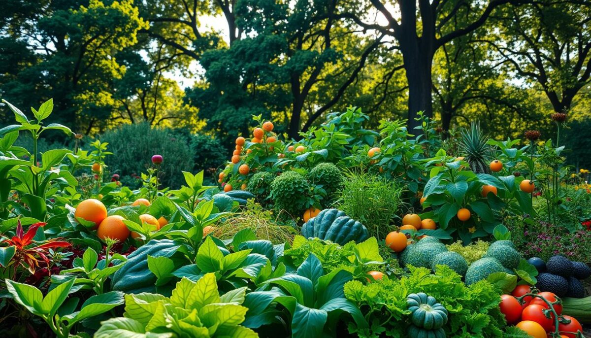 A vibrant, high-resolution image of a verdant, lush garden bursting with a diverse array of thriving, colorful plants. In the foreground, an assortment of leafy greens, crisp vegetables, and juicy fruits are prominently displayed, exuding a sense of freshness and vitality. The middle ground features a background of towering, healthy trees casting a warm, dappled light across the scene. The overall composition conveys a calming, serene atmosphere, highlighting the bountiful, life-giving nature of a plant-based diet and its benefits for strengthening the immune system.