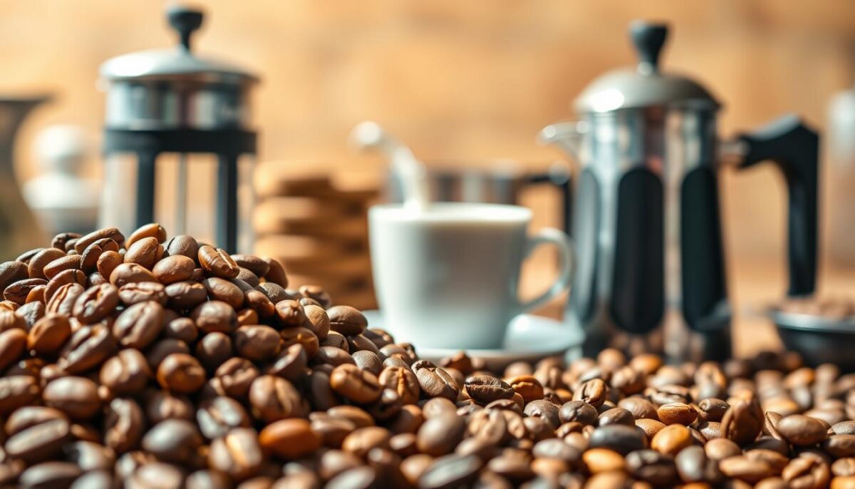 A vibrant, high-resolution image of various coffee flavor profiles, showcasing the rich diversity of tastes and aromas found in different brewing methods. The foreground features a display of coffee beans in various roast levels, from light to dark, each with its own distinctive hue and aroma. The middle ground presents a selection of coffee-making equipment, such as a French press and a Moka pot, positioned to highlight the role of brewing technique in shaping the final flavor experience. The background is a softly blurred, warm-toned setting, evoking a cozy cafe atmosphere. The lighting is natural and diffused, casting gentle shadows and highlights to enhance the textural details of the coffee and equipment. The overall composition aims to capture the nuanced and captivating world of coffee tasting, inviting the viewer to explore and appreciate the subtle complexities of this beloved beverage.