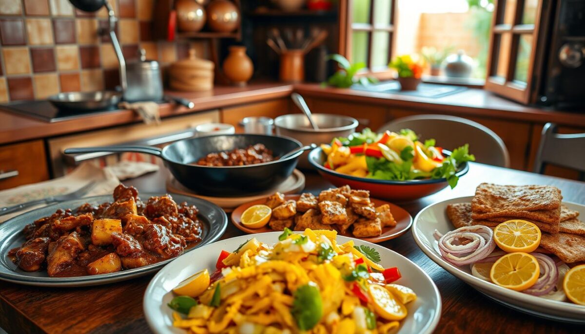 A vibrant, mouthwatering scene of quick and simple Cuban recipes arranged on a wooden table. In the foreground, steaming plates of fragrant ropa vieja, crispy tostones, and a bright salad with citrus vinaigrette. In the middle ground, artfully placed ingredients like plantains, bell peppers, onions, and lime wedges. The background features a warm, rustic kitchen setting with terra cotta tiles, copper pans, and a glimpse of a sunny Cuban courtyard through an open window. Soft, diffused lighting casts a cozy, inviting atmosphere. A composition that captures the bold, flavorful essence of authentic Cuban cuisine for a weeknight meal.