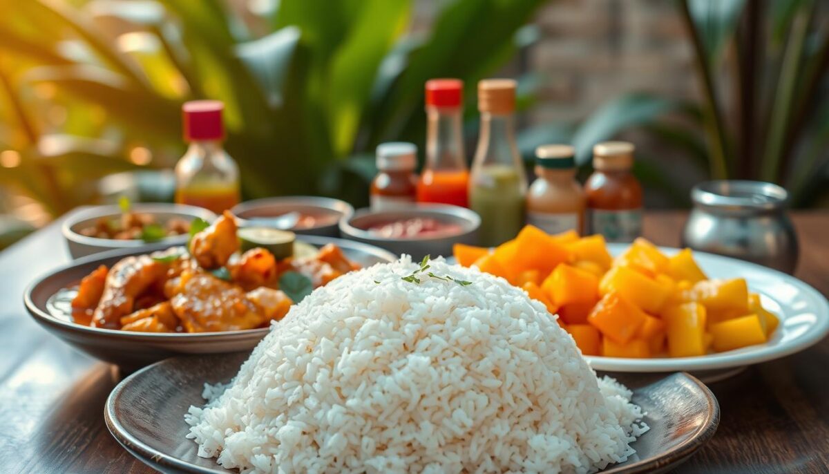 A vibrant tableau of authentic Thai rice dishes, captured in a soft, warm light. In the foreground, a mound of fragrant jasmine rice, accompanied by a selection of iconic accompaniments - tender chicken in a rich, aromatic red curry, sautéed morning glory with garlic and chili, and a side of sweet mango salad, its bright orange hues contrasting beautifully. The middle ground features a selection of condiments and sauces, each with its own distinct flavor profile. In the background, a lush, tropical atmosphere evokes the essence of Thailand, with hints of verdant foliage and a subtle, hazy ambiance. The overall composition exudes a sense of balance, harmony, and the essence of Thai culinary tradition.