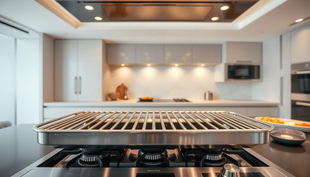 A well-designed grill and stove setup with even heat distribution for an authentic Korean BBQ experience. The foreground features a sturdy, stainless-steel grill grate sitting atop a gas stove, its burners evenly arranged to provide consistent, controllable heat across the entire cooking surface. In the middle ground, a sleek, modern stove design with intuitive knobs and digital displays, allowing precise temperature regulation. The background showcases a minimalist, contemporary kitchen interior, with clean, modern lines and ample counter space for side dishes and preparation. Soft, indirect lighting emanates from recessed ceiling fixtures, creating a warm, inviting atmosphere perfect for a traditional Korean BBQ night at home.