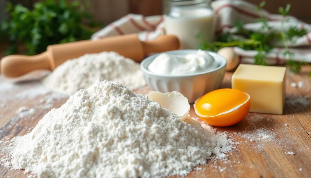 A well-lit close-up shot of an assortment of fresh, high-quality pelmeni dough ingredients spread out on a wooden table. In the foreground, a pile of flour, a cracked farm-fresh egg, and a creamy pat of butter take center stage. In the middle ground, a wooden rolling pin and a small bowl of chilled water add texture. The background features a few sprigs of fresh dill, a jar of sour cream, and a vintage-style kitchen towel, conveying a cozy, rustic atmosphere. The lighting is soft and natural, highlighting the rich, earthy tones of the ingredients and creating a welcoming, inviting scene.