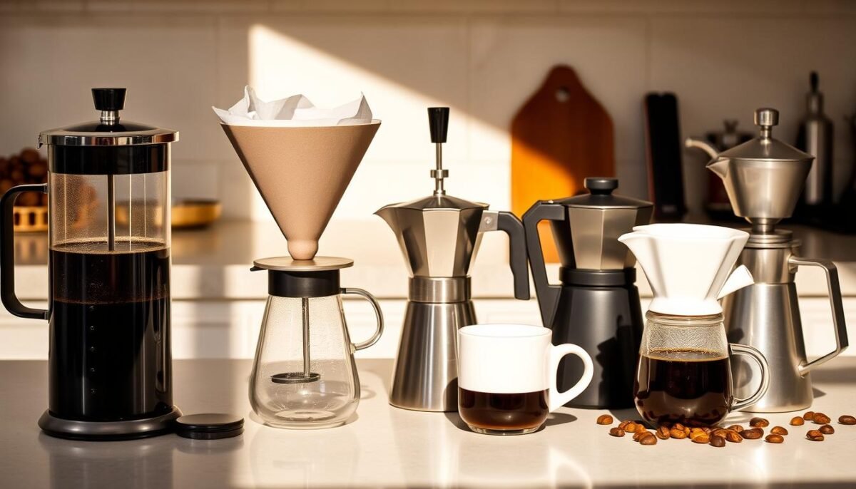 A well-lit countertop scene featuring various coffee brewing apparatuses arranged in a side-by-side layout. In the foreground, a French press, a pour-over cone, and an Aeropress stand tall, their materials and textures clearly visible. In the middle ground, a stainless steel drip coffee maker and a Moka pot percolator sit, their forms and mechanisms on display. The background shows a selection of whole coffee beans, a grinder, and a few artisanal mugs, creating a comprehensive coffee-centric environment. Soft, natural lighting casts warm shadows, highlighting the contrasting shapes and finishes of the brewing equipment. The overall mood is one of methodical comparison, inviting the viewer to explore the nuances of each coffee making technique.