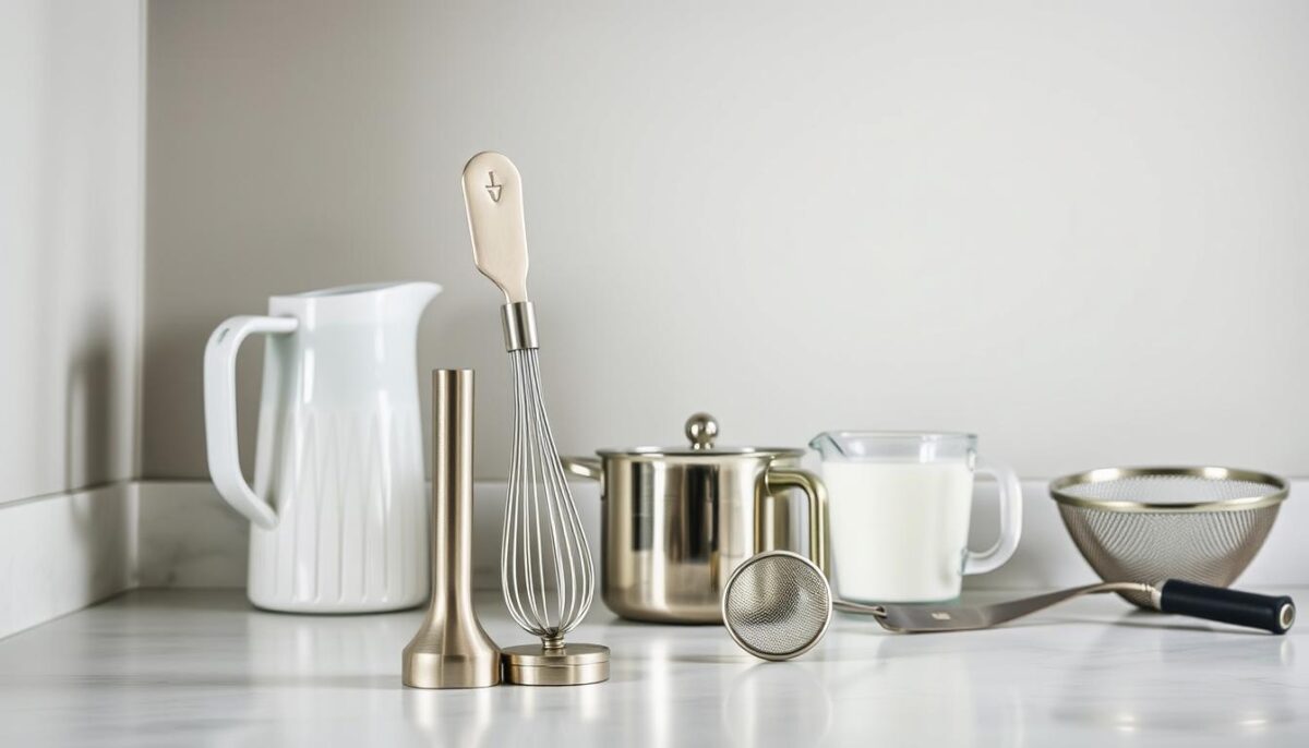 A well-lit countertop showcases an array of advanced household frothing tools. In the foreground, a sturdy whisk and a handheld frother stand upright, their sleek metal surfaces reflecting the soft lighting. Behind them, a classic milk pitcher and a measuring cup sit neatly, hinting at the precise techniques required for exceptional frothing. In the middle ground, a small saucepan and a sieve suggest the importance of controlled heat and fine-tuned textures. The background features a minimalist, monochromatic wall, allowing the frothing tools to take center stage and inspire the viewer's imagination for mastering the art of advanced milk frothing.