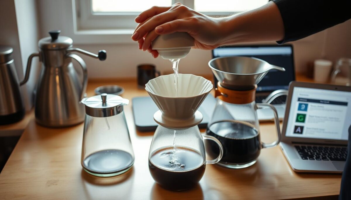 A well-lit countertop with an assortment of pour-over coffee equipment: a gooseneck kettle, a ceramic filter, and a glass carafe. In the foreground, a hand gently adjusts the grind size on a burr grinder, while a laptop displays troubleshooting tips. The middle ground features a half-completed pour, the stream of hot water creating a mesmerizing pattern. The background showcases a window with soft, natural light streaming in, casting a warm glow over the scene. The overall mood is one of thoughtful concentration, as the barista works to perfect their pour-over technique.