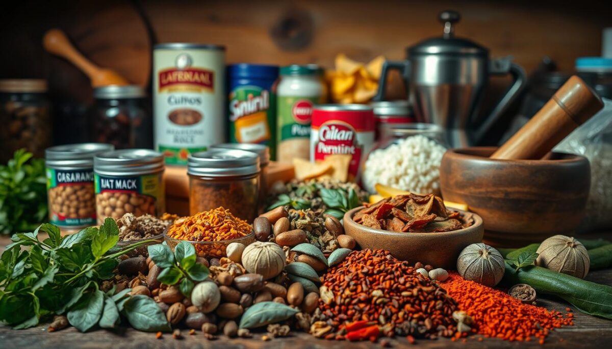 A well-lit, detailed still life arrangement of traditional Cuban pantry essentials. In the foreground, an assortment of vibrant spices and seasonings including cumin, oregano, bay leaves, and smoked paprika. In the middle ground, an array of staple ingredients like canned beans, plantain chips, and rice. In the background, a mortar and pestle, a traditional metal Cuban coffee percolator, and other essential cooking tools. Warm, earthy tones with soft, diffused lighting create an inviting, homely atmosphere, capturing the flavors and character of authentic Cuban cuisine.