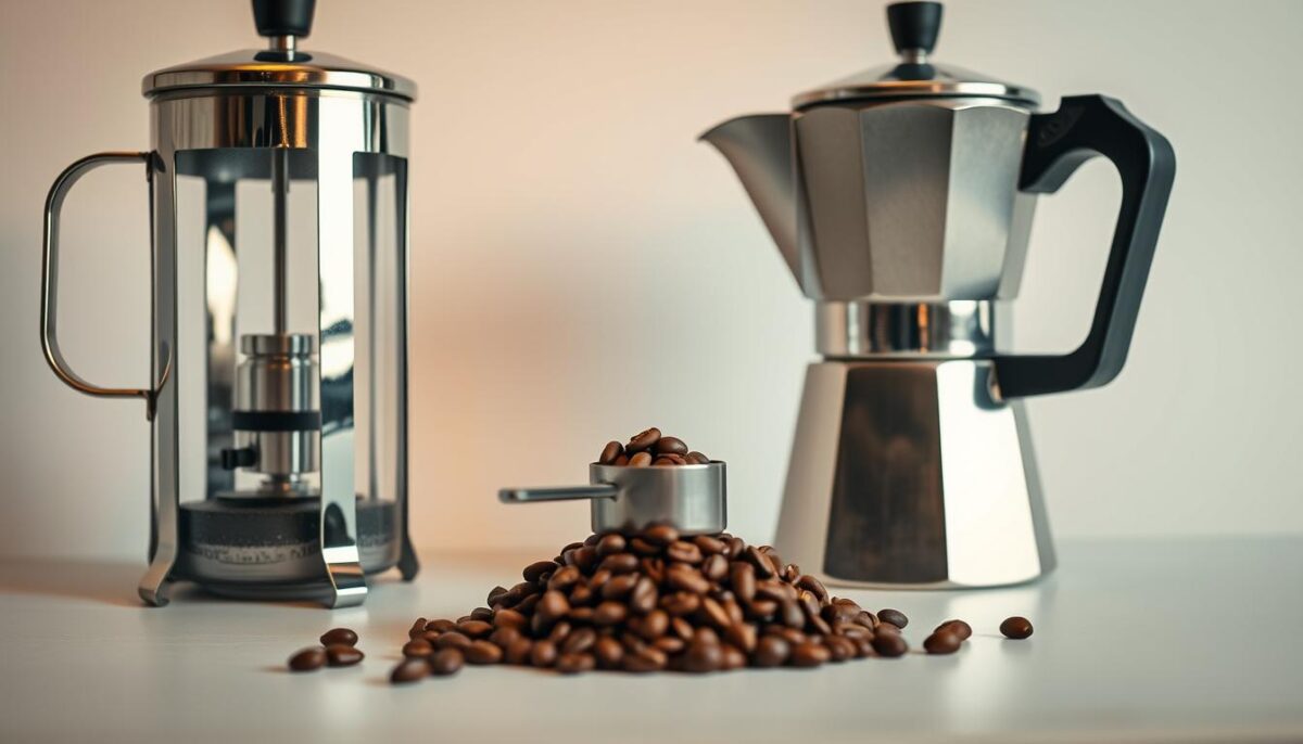 A well-lit, high-resolution image showcasing the fundamentals of coffee brewing. In the foreground, a sleek, stainless steel French press and Moka pot stand side by side, their intricate inner workings visible through transparent sections. The middle ground features a meticulously measured pile of freshly ground coffee beans, with a steel spoon resting atop. In the background, a crisp, white backdrop highlights the minimal, yet sophisticated setup. Warm, soft lighting illuminates the scene, casting subtle shadows and adding depth. The overall composition conveys a sense of precision, attention to detail, and the artistry inherent in the art of brewing the perfect cup of coffee.