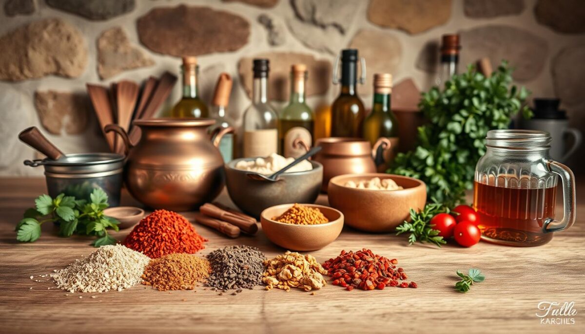 A well-lit, still-life shot of a wooden kitchen counter showcasing an assortment of authentic Lebanese cooking essentials. In the foreground, a collection of spices and herbs - fragrant za'atar, tangy sumac, and vibrant red pepper flakes. Beside them, a selection of traditional vessels - a copper cezve for brewing thick Turkish coffee, a ceramic bowl for hummus, and a glass jar filled with aromatic rose water. In the middle ground, a hand-beaten copper pot, a collection of olive oil bottles, and a bundle of fresh herbs. The background features a textured stone wall, casting a warm, rustic ambiance. The lighting is soft and diffused, highlighting the rich colors and textures of the Lebanese kitchen staples.