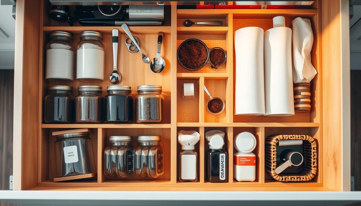 A well-organized coffee drawer with thoughtfully arranged storage solutions. Wooden dividers neatly compartmentalize coffee grounds, filters, spoons, and other essentials. Glass jars containing different roasts stand in a row, their labels visible. Nestled in the corners, small baskets hold sweeteners and syrups. The drawer is bathed in warm, diffused light, illuminating the clean, minimalist design. The overall impression is one of efficiency and practicality, reflecting the functional needs of a dedicated coffee enthusiast.