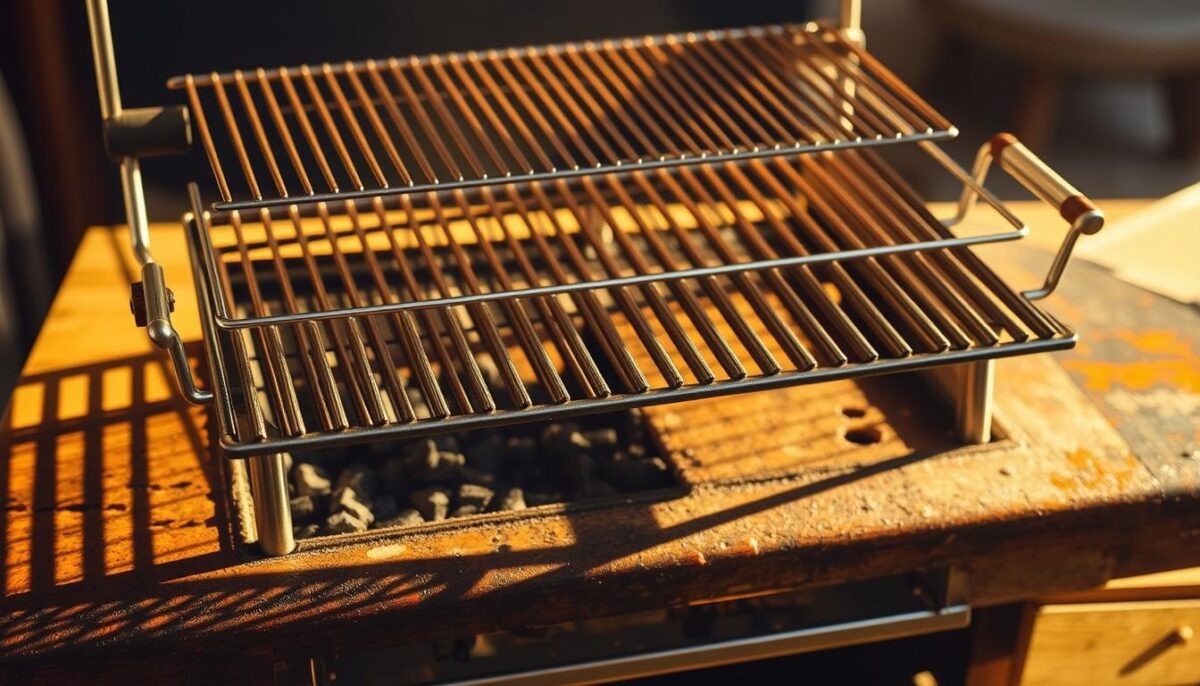 Adjustable parrilla grill setup with sturdy steel frame, grill grates at varying heights, and customizable charcoal trays. Warm, golden lighting casts soft shadows on the rustic, weathered surface. The scene evokes the cozy ambiance of an authentic Argentinian asado, where the grill is the centerpiece of the gathering. Precisely positioned to showcase the grill's versatility and the cook's control over heat and cooking zones. The overall composition highlights the essential equipment for mastering the art of asado at home.