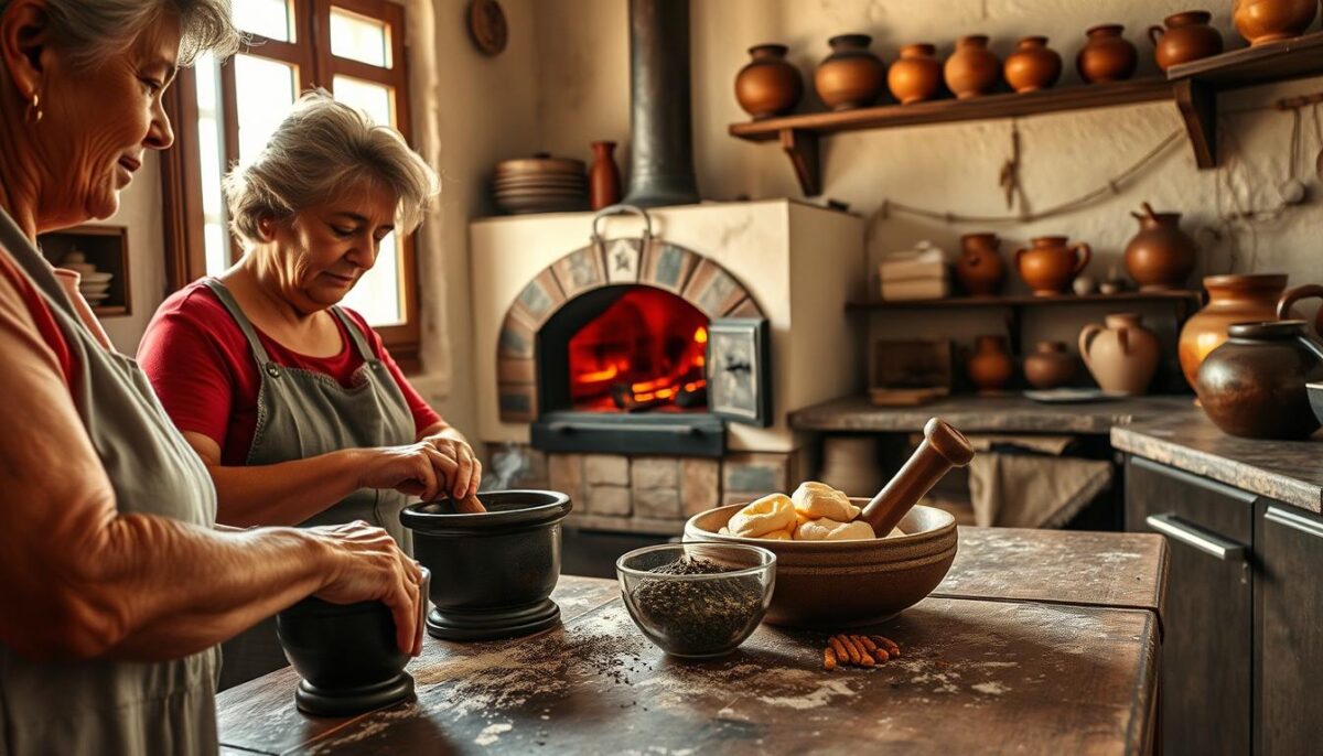 An intimate kitchen scene in a traditional Greek home, sunlight streaming through large windows, casting a warm glow on the weathered countertops. In the foreground, a grandmother expertly kneads dough, her calloused hands working with practiced precision. Beside her, a mortar and pestle grinds fragrant herbs and spices, the aroma permeating the air. In the middle ground, a wood-fired oven stands stoically, its door slightly ajar, revealing the glowing embers within. In the background, clay jars and copper pots line the shelves, heirlooms passed down through generations. The atmosphere is one of timeless tradition, where the rhythm of authentic Greek cooking is deeply rooted in the heart of the home.