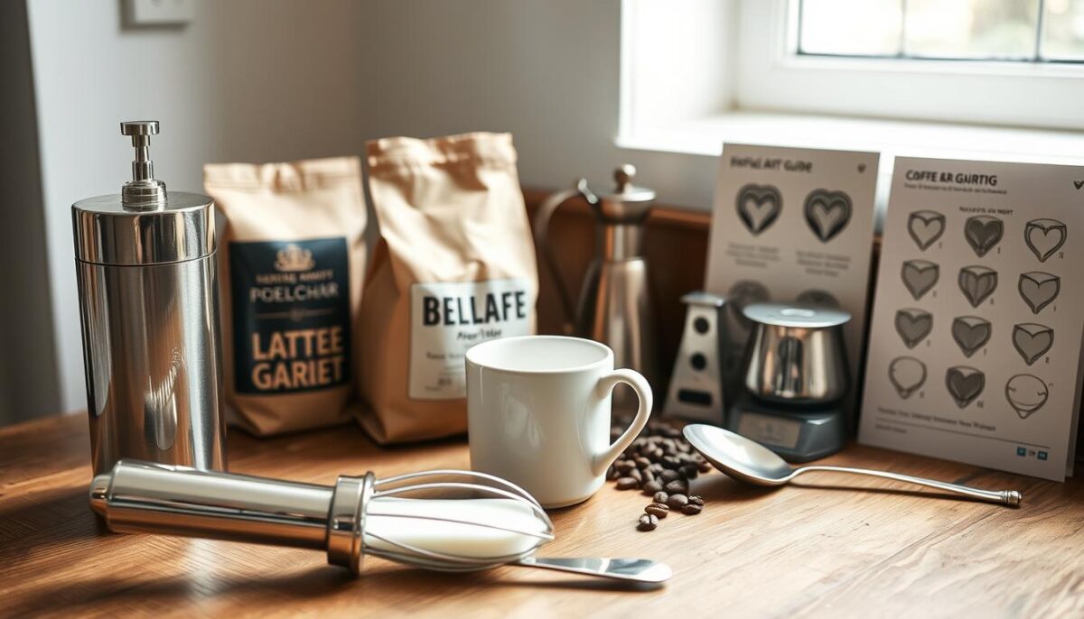 Centered on a wooden surface, an arrangement of essential milk frother tools and ingredients. In the foreground, a sleek stainless steel milk frother with a chrome finish, its whisk attachment poised to aerate the milk. Nearby, a small ceramic pitcher filled with fresh, creamy milk and a spoon for stirring. In the middle ground, a bag of high-quality coffee beans, a tamper, and a small precision scale for weighing. In the background, a vintage-style metal pitcher, a latte art stencil, and a visual guide showcasing different froth textures. Soft natural lighting from an overhead window casts a warm glow, creating a inviting and professional atmosphere for the perfect milk frothing setup.