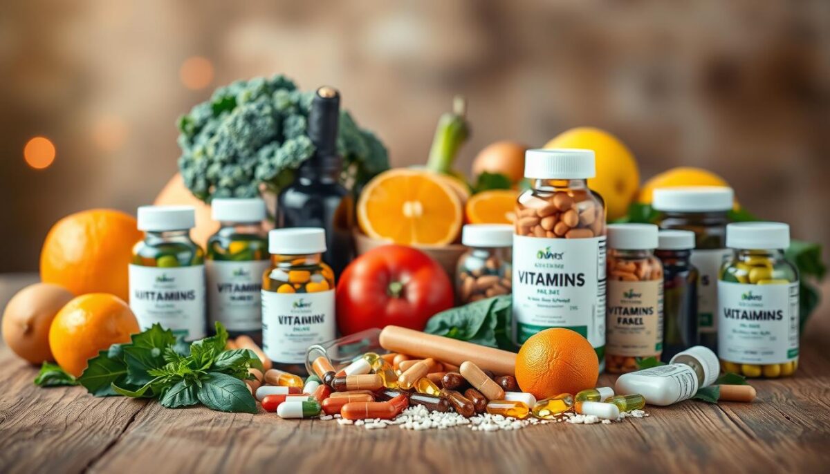 Detailed still life of essential vitamins and minerals arranged on a wooden table. The foreground features various vitamin and mineral supplements in bottles, capsules, and powders, arranged in a visually appealing composition. The middle ground showcases fresh fruits and vegetables, such as oranges, broccoli, and spinach, highlighting natural sources of these nutrients. The background has a soft, warm lighting with a subtle vignette effect, creating a cozy and inviting atmosphere. The overall scene conveys the importance of a balanced, nutrient-rich diet for supporting a healthy immune system.