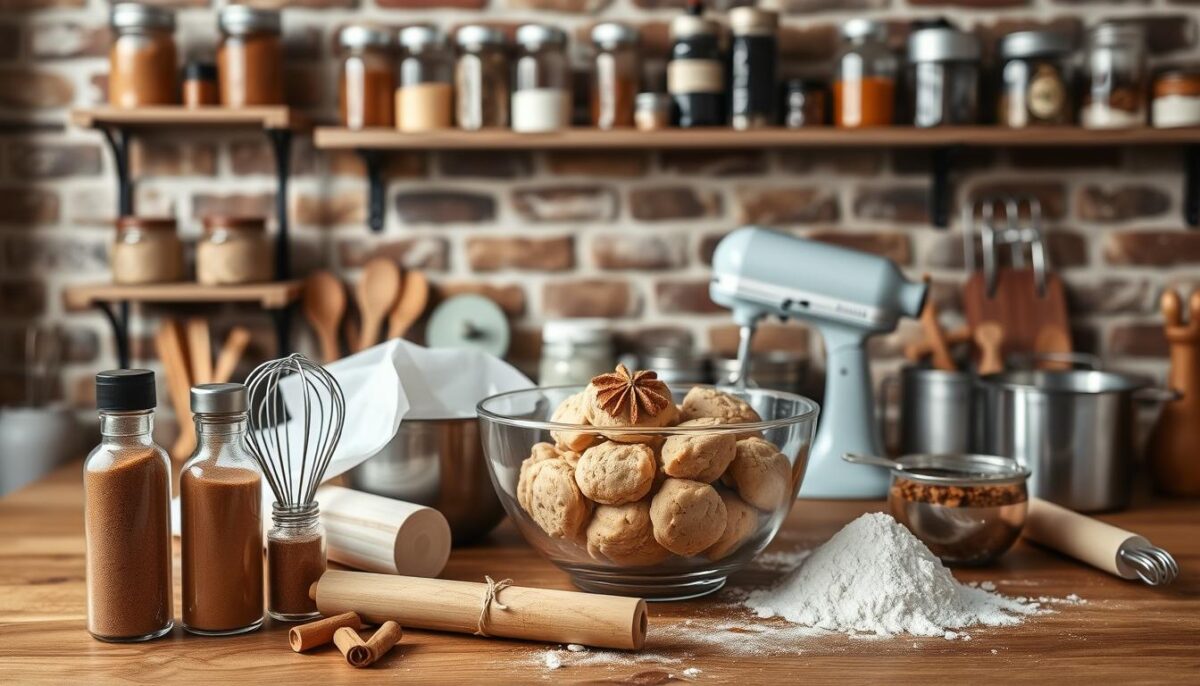High-resolution image of a wooden countertop with various baking ingredients and tools arranged neatly. In the foreground, ground cinnamon and vanilla extract bottles are placed next to a whisk, rolling pin, and parchment paper. In the middle ground, a mixing bowl filled with cinnamon-spiced cookie dough is surrounded by measuring cups, a hand mixer, and a dusting of flour. The background features a brick wall with rustic shelves displaying jars of spices, baking tins, and other culinary accents. The lighting is warm and indirect, creating a cozy, inviting atmosphere perfect for a baking session. The overall composition emphasizes the artistry and expertise of crafting delectable pastries.