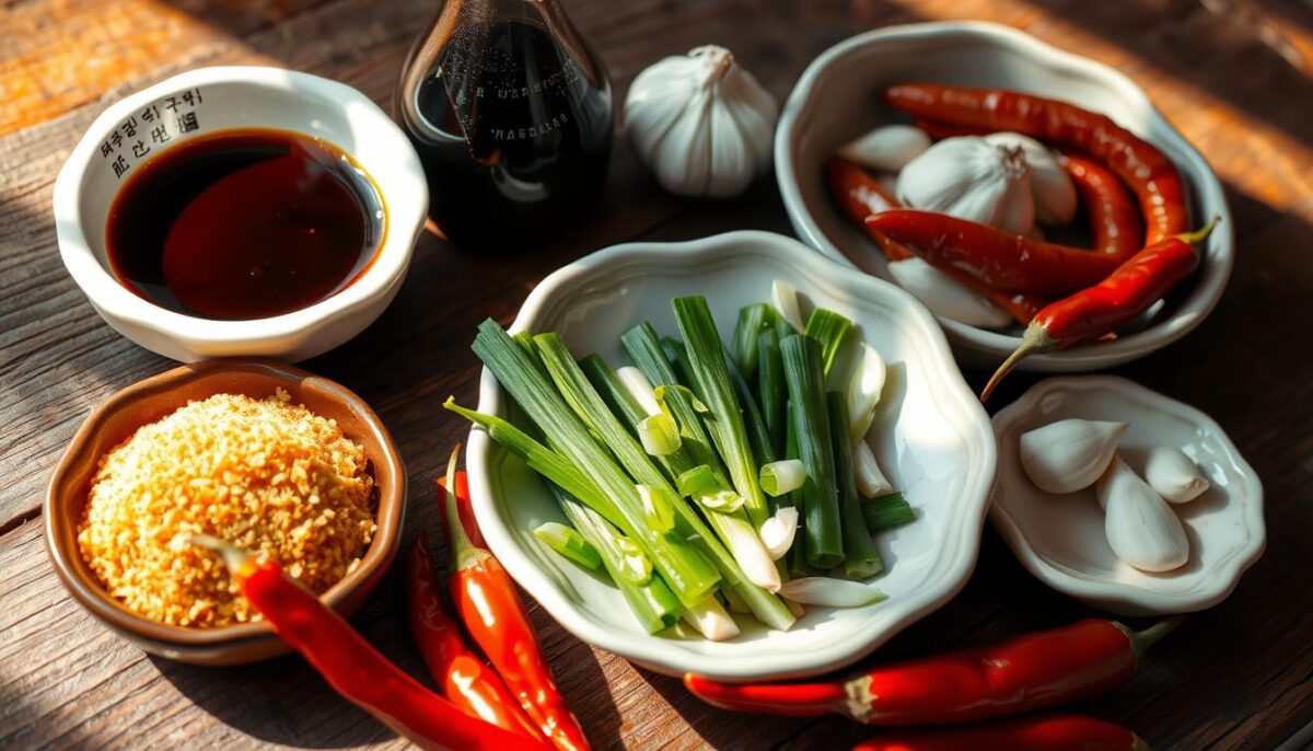 Meticulously arranged assortment of traditional Korean bulgogi marinade ingredients on a rustic wooden table. Glistening soy sauce, fragrant sesame oil, brown sugar, garlic cloves, sliced green onions, and red chili peppers placed in elegant ceramic dishes. Soft natural lighting casts warm shadows, highlighting the textures and colors of the fresh produce. The scene evokes the authentic flavors and aromas of a time-honored Korean BBQ preparation ritual.