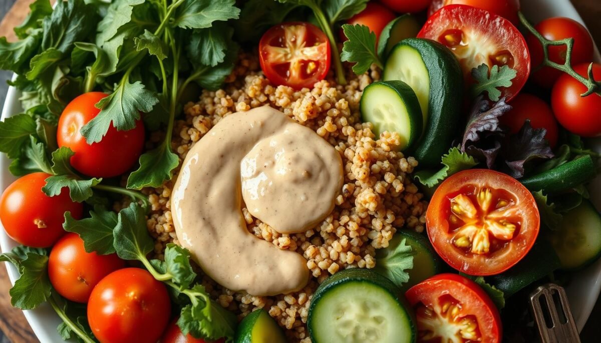 Sumptuous summer veggie plate, brimming with vibrant greens, juicy tomatoes, crisp cucumbers, and tender zucchini. Nestled amidst the bounty, golden-hued quinoa and nutty, creamy tahini dressing, creating a harmonious balance of flavors and textures. Captured in warm, soft lighting, the scene exudes a serene, nourishing atmosphere, inviting the viewer to savor the season's freshest produce. Composed with an eye for aesthetic appeal, the image showcases the beauty and appeal of wholesome, plant-based delights that are sure to captivate young and old alike.