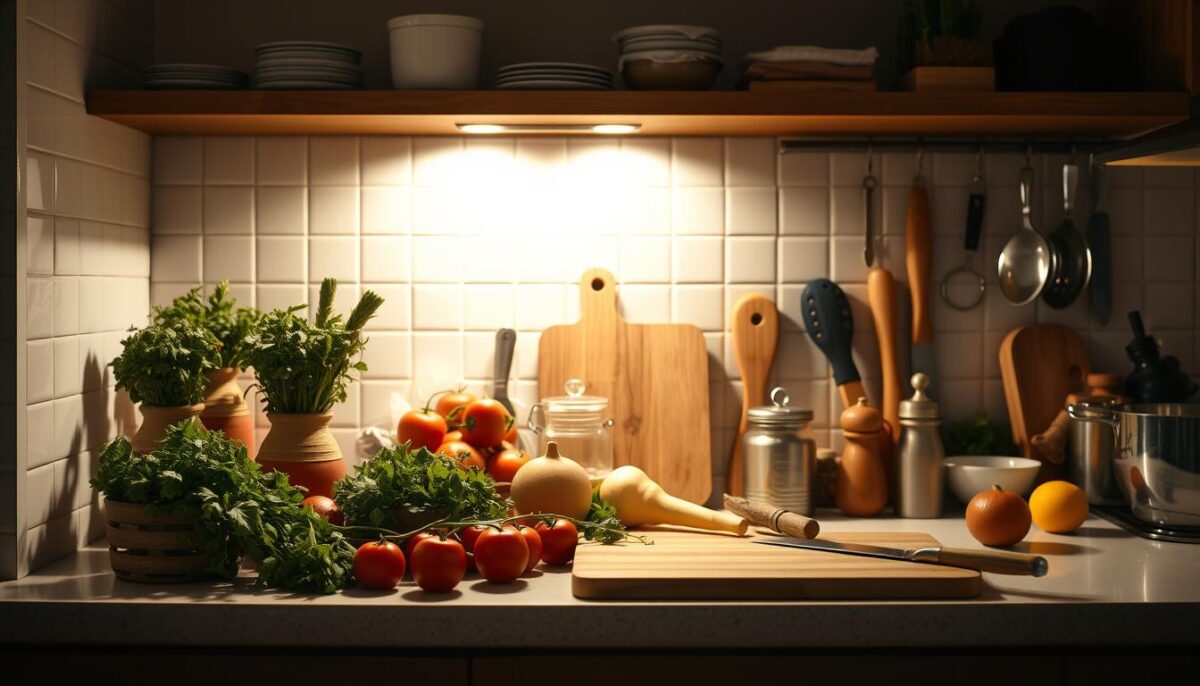 a beautifully lit, high-resolution photograph of a well-stocked kitchen counter, with various ingredients and cooking tools artfully arranged, including fresh herbs, vegetables, a cutting board, knives, and a mixing bowl. The lighting is warm and inviting, casting a soft glow over the scene, creating a sense of anticipation and preparation for a traditional British roast dinner. The angle is slightly elevated, providing a clear view of the entire workspace, while maintaining a sense of intimacy and attention to detail. The overall atmosphere is one of organization, culinary expertise, and the excitement of a well-planned meal.