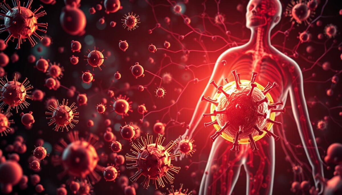 a detailed illustration of the human immune system in action, with a focus on defense mechanisms. the foreground depicts white blood cells, such as lymphocytes and phagocytes, actively engaging and neutralizing invading pathogens, represented by viruses and bacteria. the middle ground showcases the circulatory system transporting these immune cells throughout the body, while the background features the complex network of lymph nodes, organs, and tissues that coordinate the immune response. the lighting is dramatic, with a warm glow illuminating the critical components of the immune system, conveying a sense of the vital role it plays in maintaining health and wellness. the overall mood is one of scientific precision and the powerful, intricate workings of the human body's natural defense system.