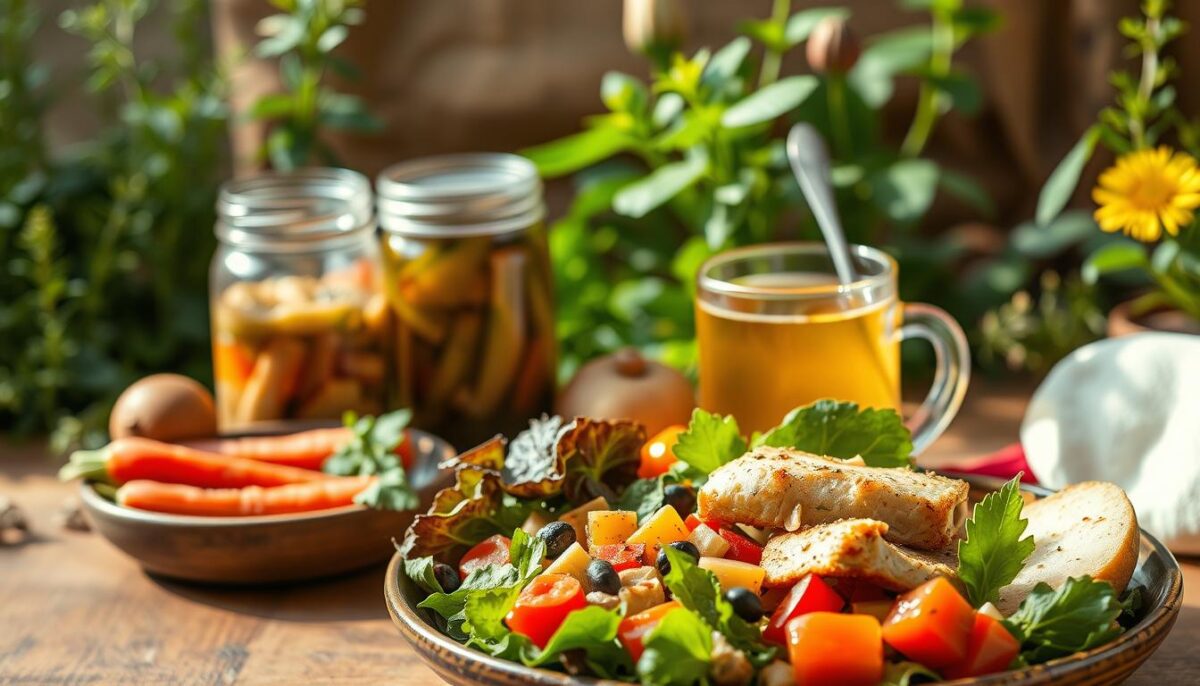 A balanced, gut-friendly meal set against a vibrant, earthy backdrop. In the foreground, a plate featuring an array of wholesome ingredients - fresh greens, colorful veggies, lean protein, and probiotic-rich fermented foods. Warm, natural lighting casts a soft glow, highlighting the textures and colors. In the middle ground, jars of pickled vegetables and a steaming mug of herbal tea symbolize the gut-healing benefits of a thoughtful diet. The background features a lush, botanical scene with verdant plants and natural accents, evoking a sense of harmony between food and nature. The overall atmosphere conveys a feeling of nourishment, wellbeing, and a holistic approach to gut health.