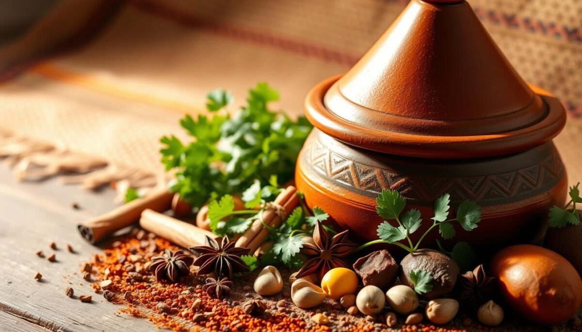 A beautifully arranged Moroccan tagine dish, with an array of vibrant spices and aromatic herbs in the foreground. The tagine pot is made of earthenware, its distinctive conical lid resting beside it. Warm, diffused lighting casts soft shadows, creating an inviting and authentic Moroccan atmosphere. In the middle ground, whole spices such as cinnamon sticks, star anise, and cardamom pods are scattered, along with sprigs of fresh cilantro and parsley. The background features a woven Moroccan rug or textile, adding depth and texture to the scene. The overall composition conveys the rich flavors and cultural heritage of Moroccan cuisine.