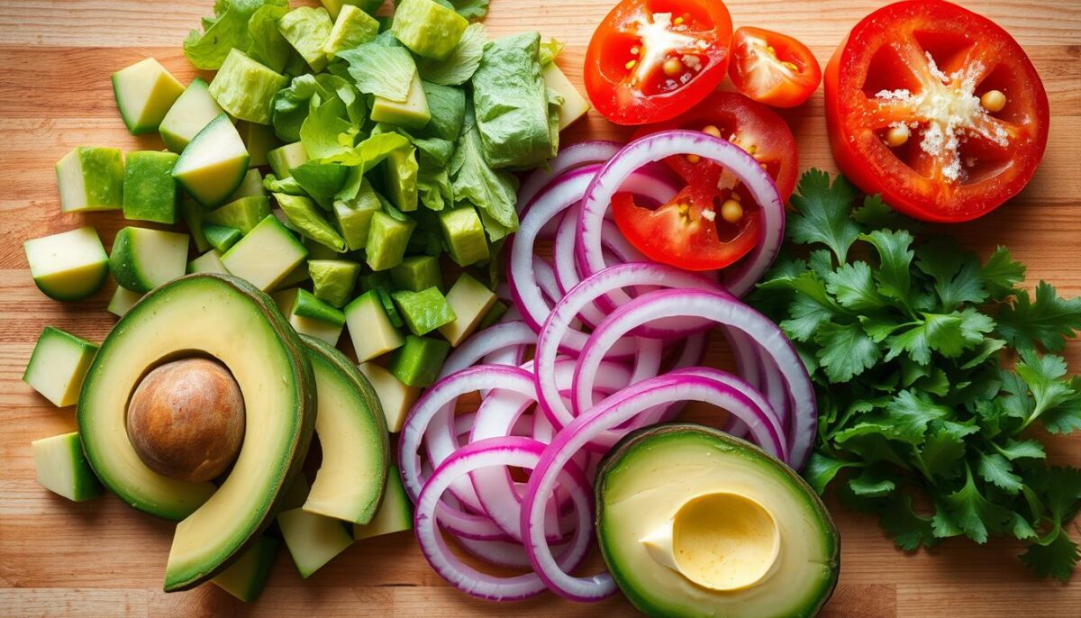 A beautifully arranged selection of freshly chopped avocado slices, crisp lettuce leaves, juicy tomato wedges, and tangy red onion rings on a clean, wooden surface. The lighting is soft and natural, creating a warm, inviting atmosphere. The composition is carefully balanced, with the vibrant green, red, and white tones of the ingredients creating a visually appealing and appetizing display. The focus is sharp, capturing the intricate textures and vibrant colors of the avocado burger toppings in vivid detail, ready to be added to a delicious and nutritious homemade burger.