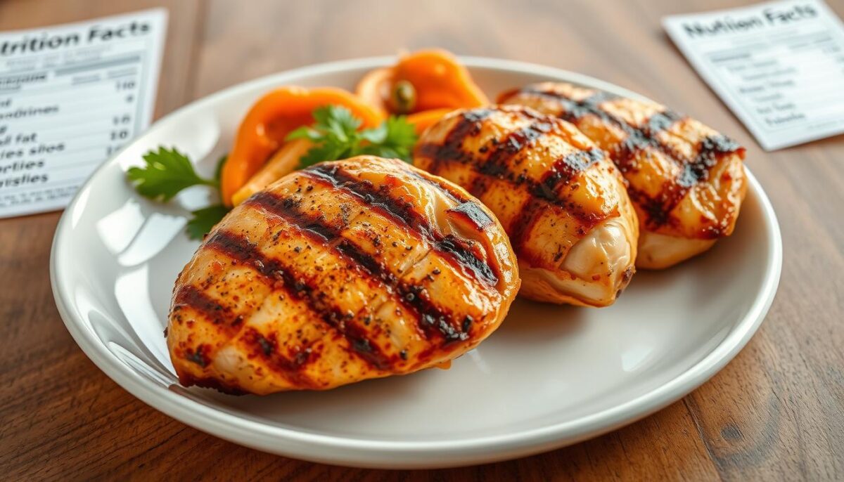 A beautifully lit close-up photograph of a plate of grilled chicken breasts, skin removed, resting on a wooden surface. The chicken is perfectly cooked, with a golden-brown exterior and juicy, tender interior. Surrounding the chicken are various nutritional information labels, including the number of calories, protein, fat, and carbohydrates per serving. The labels are arranged in a visually appealing and informative manner, highlighting the healthy, low-calorie nature of the grilled chicken dish. The overall scene conveys a sense of clean, wholesome, and balanced nutrition.