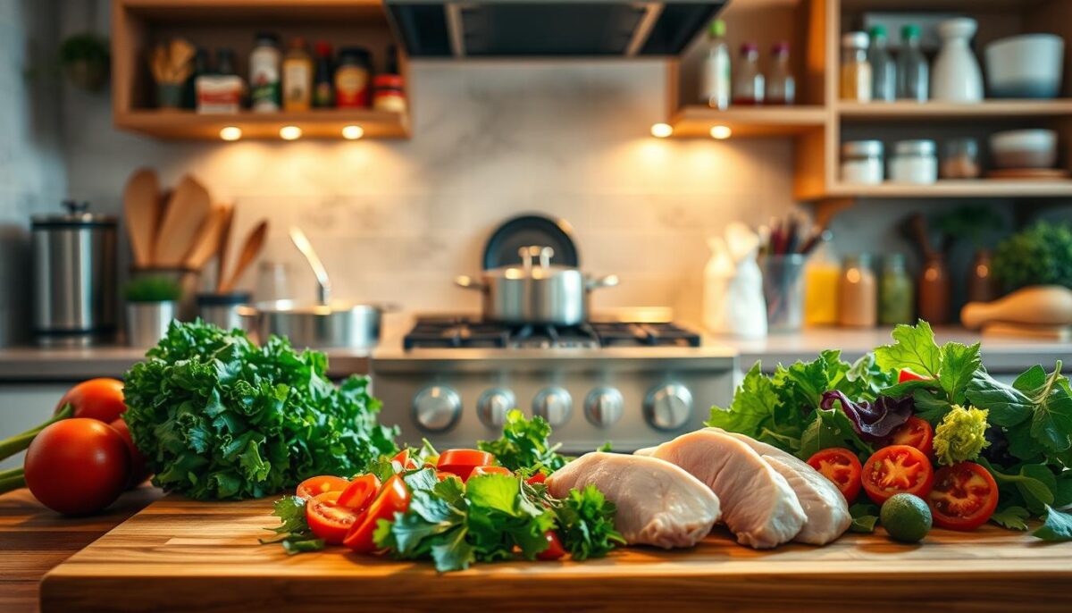 A beautifully lit kitchen scene with a variety of wholesome and delicious weeknight meal options. In the foreground, a wooden cutting board holds freshly chopped vegetables, juicy chicken breasts, and a vibrant salad. The middle ground features pots and pans simmering on the stovetop, emitting aromatic steam. In the background, open shelves display a variety of spices, herbs, and cooking essentials, conveying a sense of ease and efficiency. The lighting is warm and inviting, creating a cozy atmosphere that suggests a quick, but flavorful, home-cooked meal. The overall scene exudes a feeling of nourishment and wellness, perfectly capturing the theme of "Quick Weeknight Meals Without Sacrificing Taste".